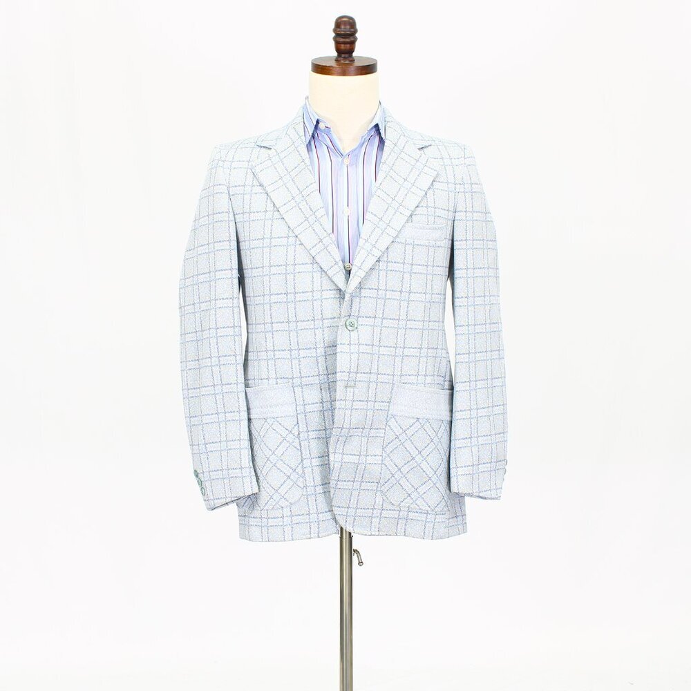 Vintage 1970s 40R Blue Check 2-Button Sport Coat Blazer Jacket T574